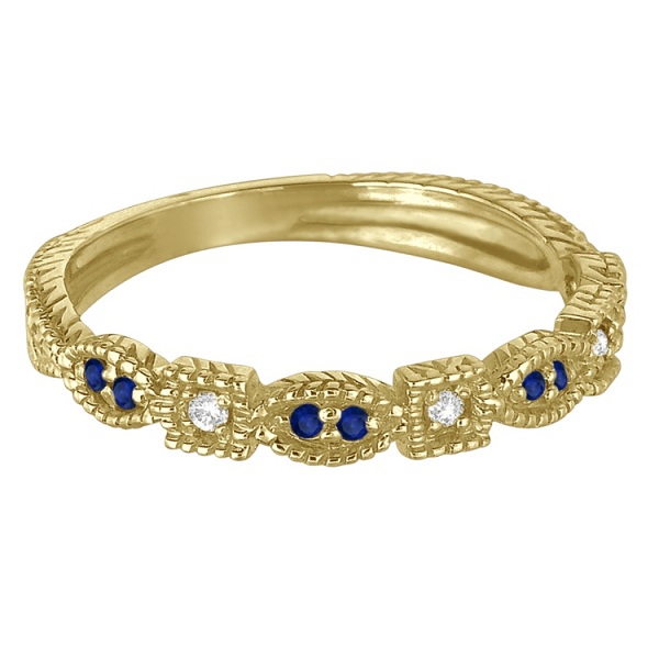 Vintage Stackable Diamond & Blue Sapphire Ring 14k Yellow Gold (0.15ct)