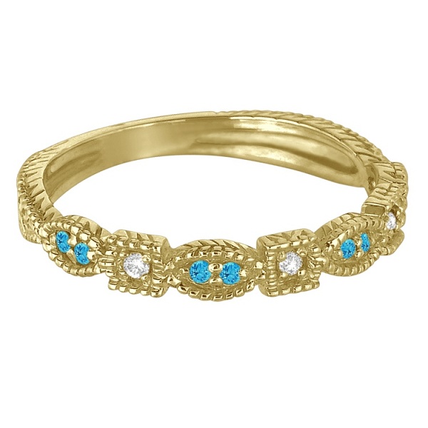 Vintage Stackable Diamond & Blue Topaz Ring 14k Yellow Gold (0.15ct)