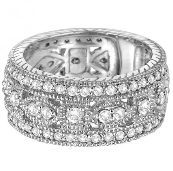 Vintage Style Byzantine Wide Band Lab Grown Diamond Ring 14k White Gold (1.37ct)