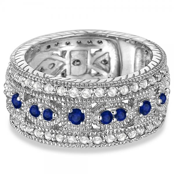 Vintage Byzantine Diamond & Blue Sapphire Ring 14k White Gold (1.37ct)