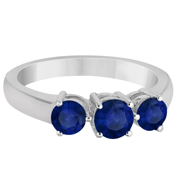 Three Stone Round Blue Sapphire Gemstone Ring 14k White Gold 1.50ct