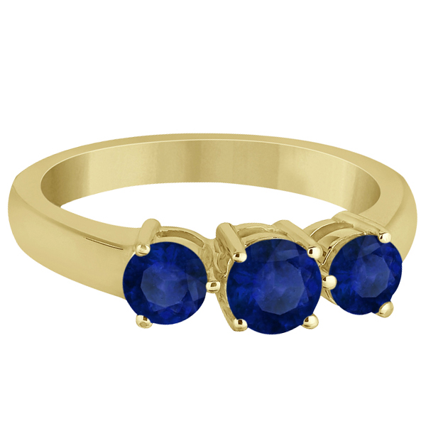 Three Stone Round Blue Sapphire Gemstone Ring 14k Yellow Gold 1.50ct
