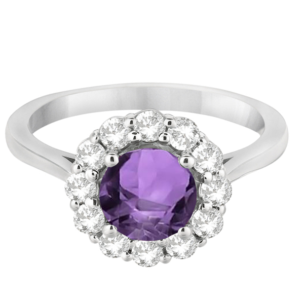 Halo Diamond Accented and Amethyst Lady Di Ring 14K White Gold (2.14ct)