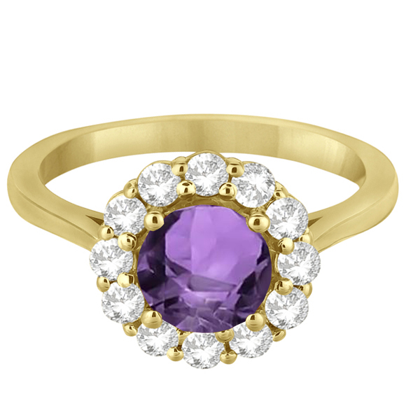 Halo Diamond Accented and Amethyst Lady Di Ring 18k Yellow Gold (2.14ct)