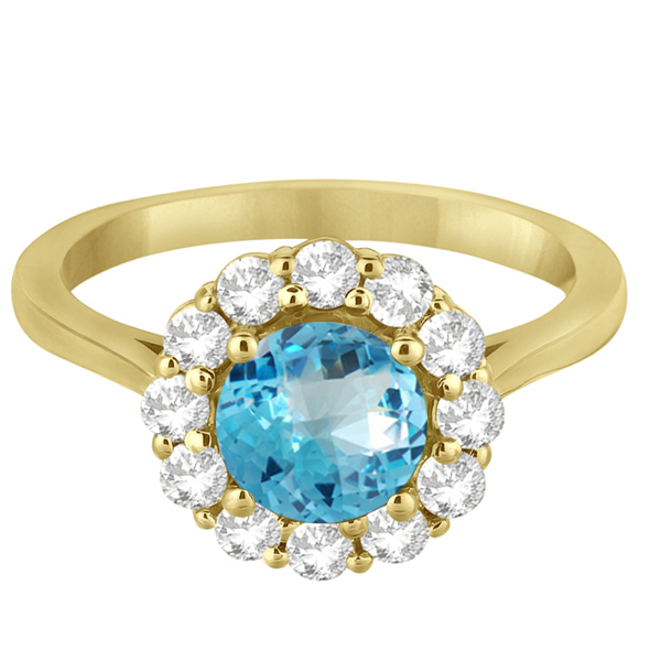 Halo Diamond Accented and Blue Topaz Lady Di Ring 14K Yellow Gold (2.14ct)