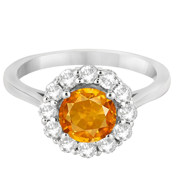 Halo Diamond Accented and Citrine Lady Di Ring 14K White Gold (2.14ct)