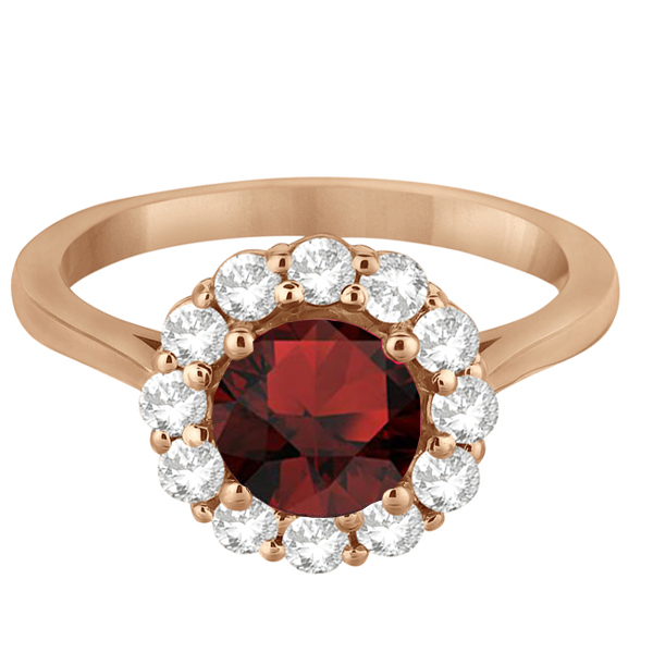 Halo Diamond Accented and Garnet Lady Di Ring 14K Rose Gold (2.14ct)