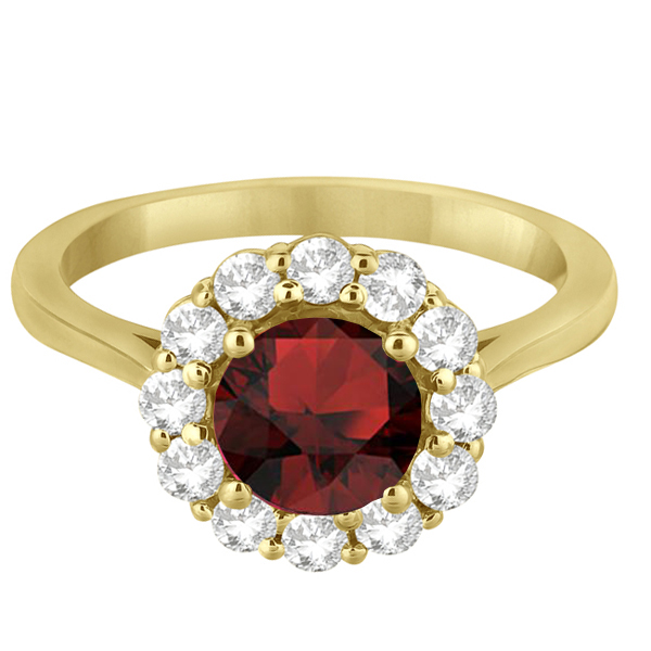 Halo Diamond Accented and Garnet Lady Di Ring 18k Yellow Gold (2.14ct)