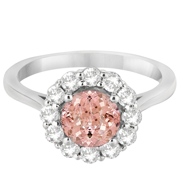 Halo Diamond Accented and Morganite Lady Di Ring 14K White Gold (2.14ct)