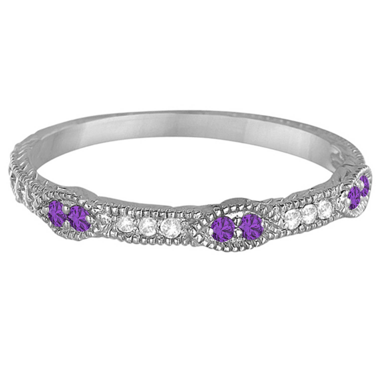 Vintage Stacking Diamond & Amethyst Ring Band 14k White Gold (0.15ct)