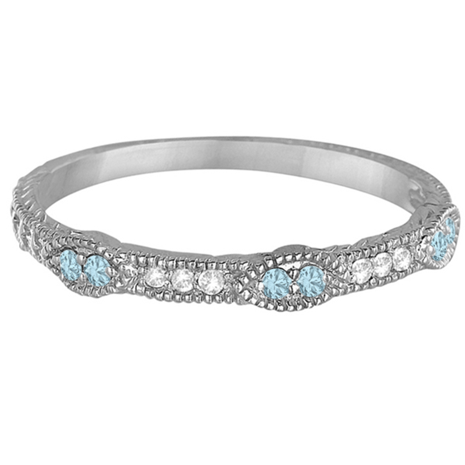 Vintage Stacking Diamond & Aquamarine Ring Band 14k White Gold (0.15ct)