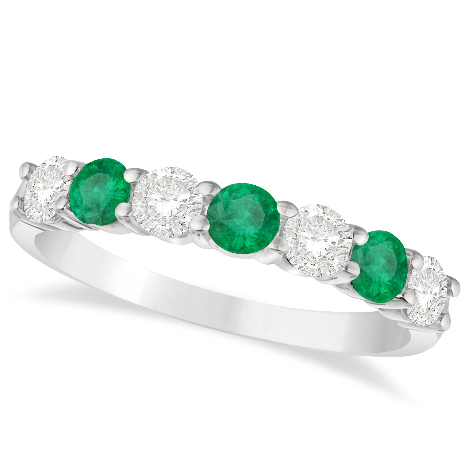 Diamond & Emerald 7 Stone Wedding Band 14k White Gold (1.00ct)