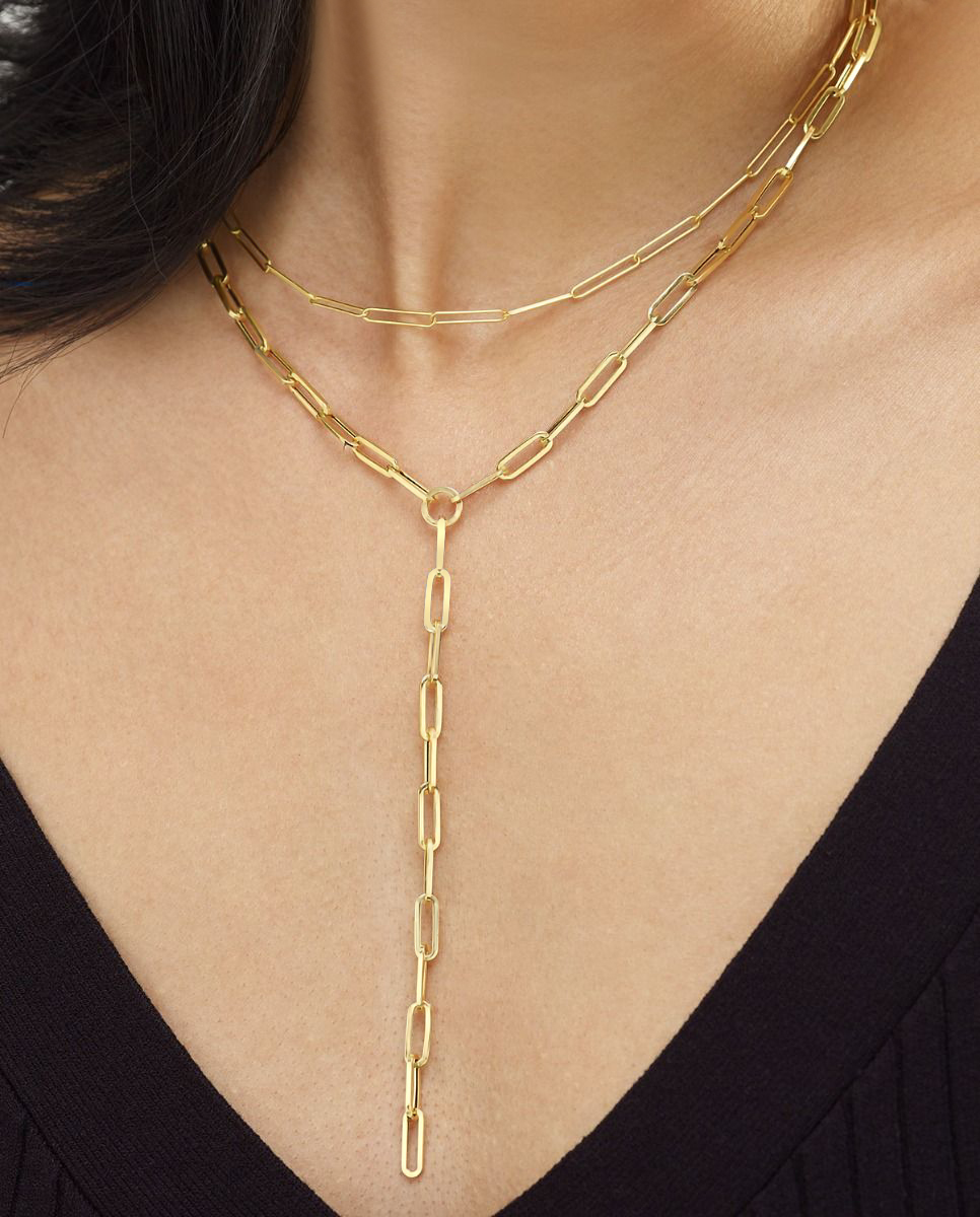 Lariat Paperclip Link Y-Shaped Chain Necklace 14k Yellow Gold