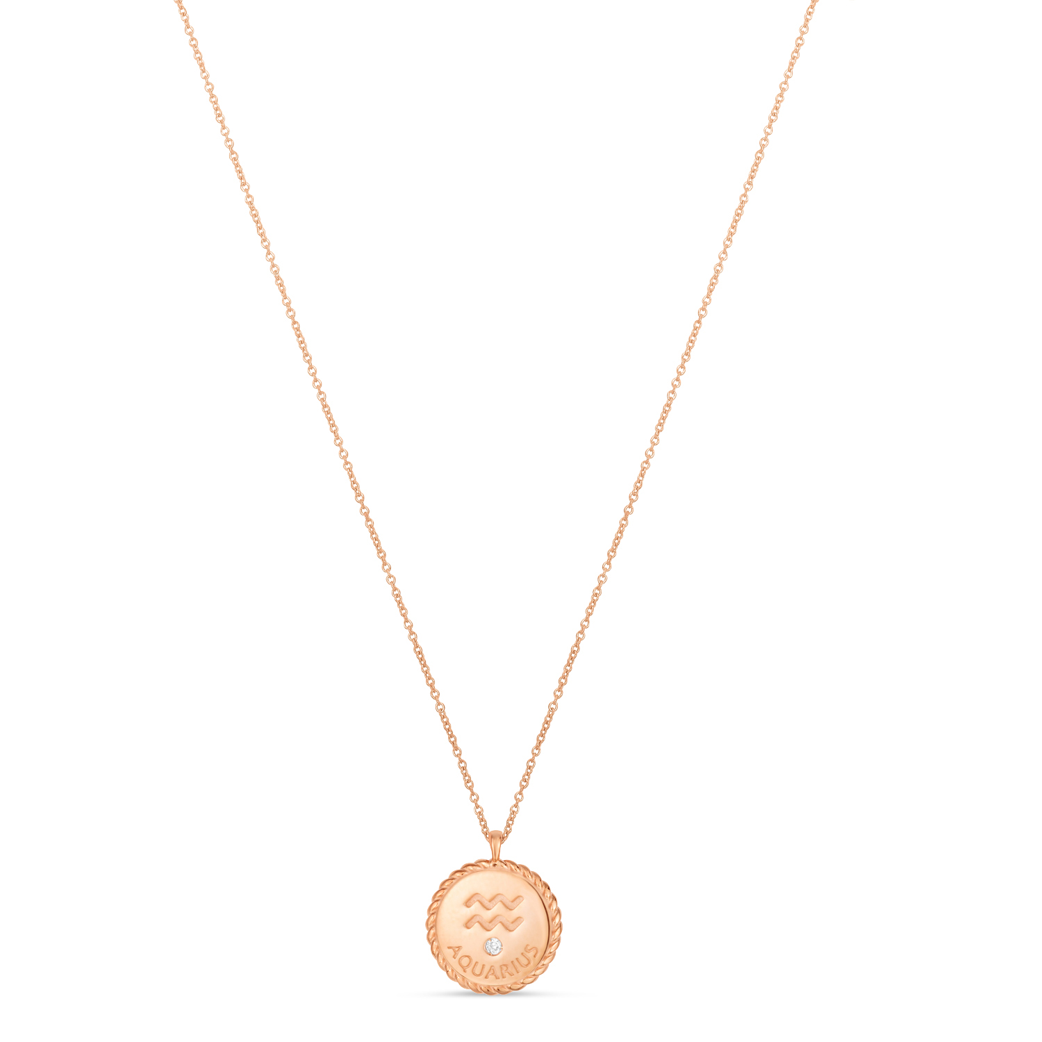 Aquarius Zodiac Diamond Medallion Disk Pendant Necklace 14k Rose