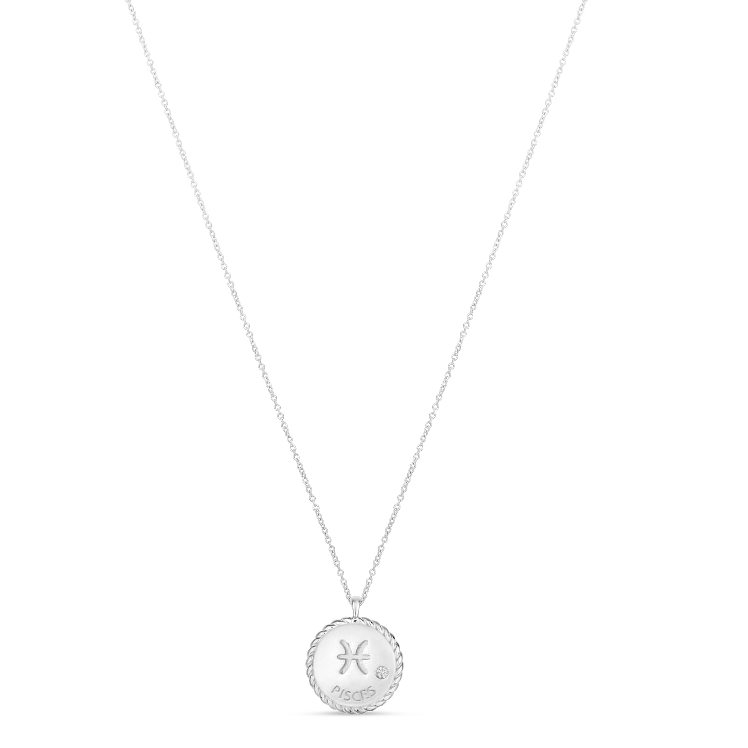 Pisces Zodiac Diamond Medallion Disk Pendant Necklace 14k White Gold
