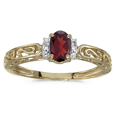 Oval Garnet & Diamond Filigree Antique Style Ring 14k Yellow Gold