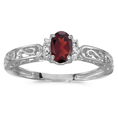 Oval Garnet & Diamond Filigree Antique Style Ring 14k White Gold