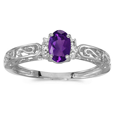 Oval Amethyst & Diamond Filigree Antique Style Ring 14k White Gold
