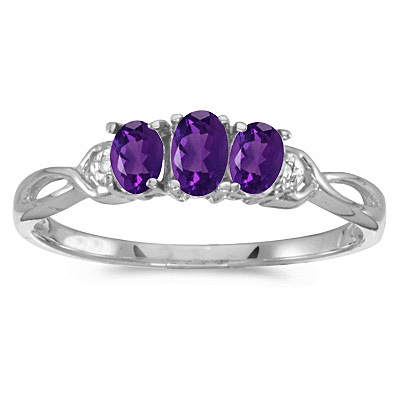 Oval Amethyst and Diamond Three Stone Ring 14k White Gold (0.53ctw)