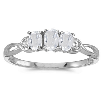 Oval White Topaz and Diamond Three Stone Ring 14k White Gold (0.75ctw)