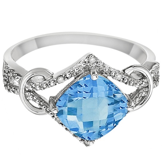 Cushion Blue Topaz & Diamond Right-Hand Ring 14k White Gold (4.05ct)