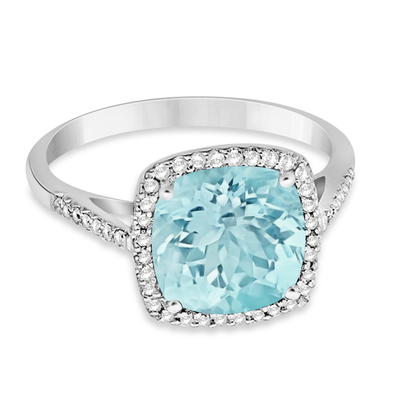 Cushion-Cut Aquamarine & Diamond Cocktail Ring 14k White Gold (3.70ctw)