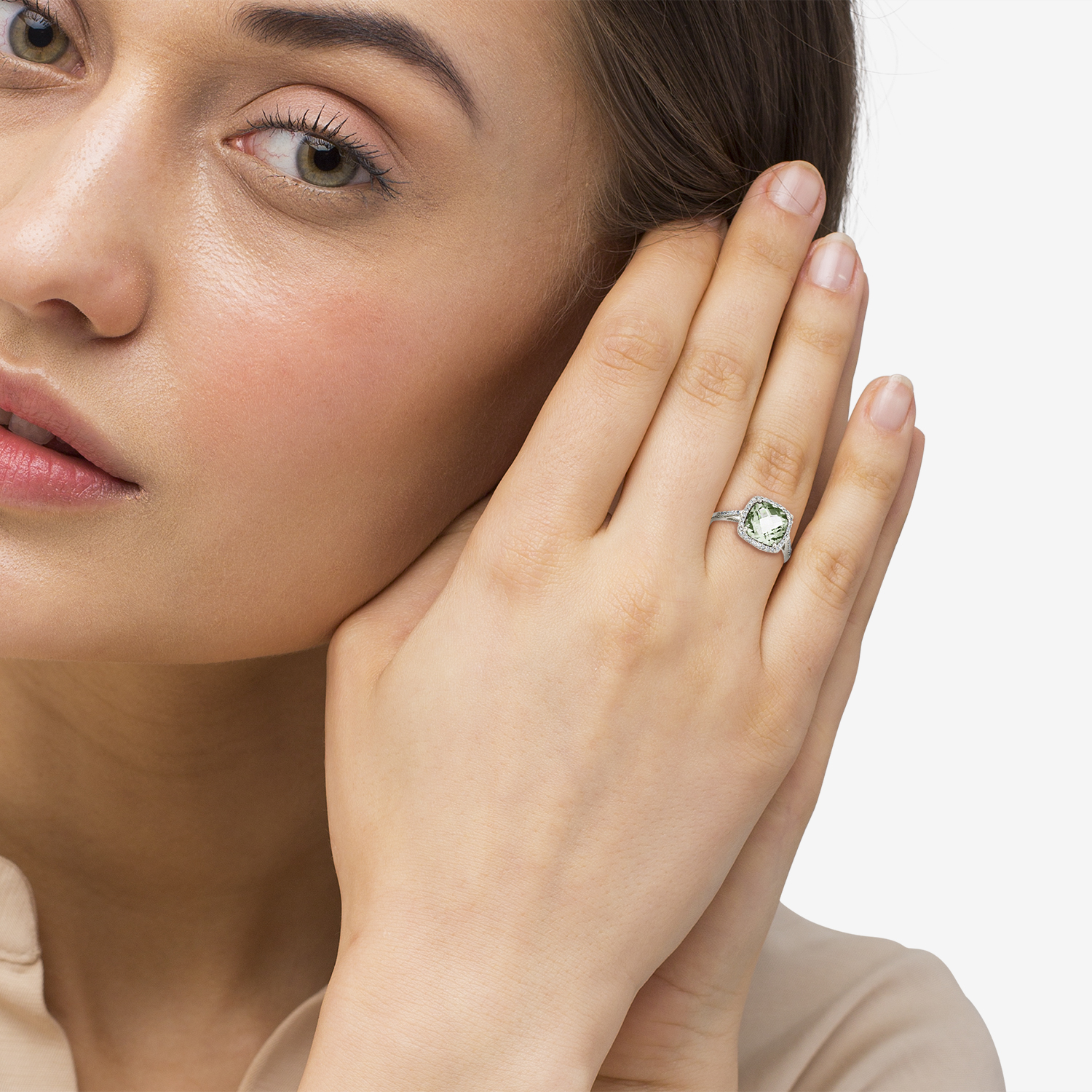 Cushion Green Amethyst Diamond Cocktail Ring 14k White Gold 3.70ct CBR389