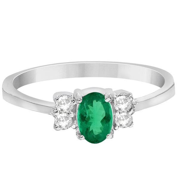 Solitaire Oval Green Emerald & Diamond Ring 14K White Gold (0.72ct)