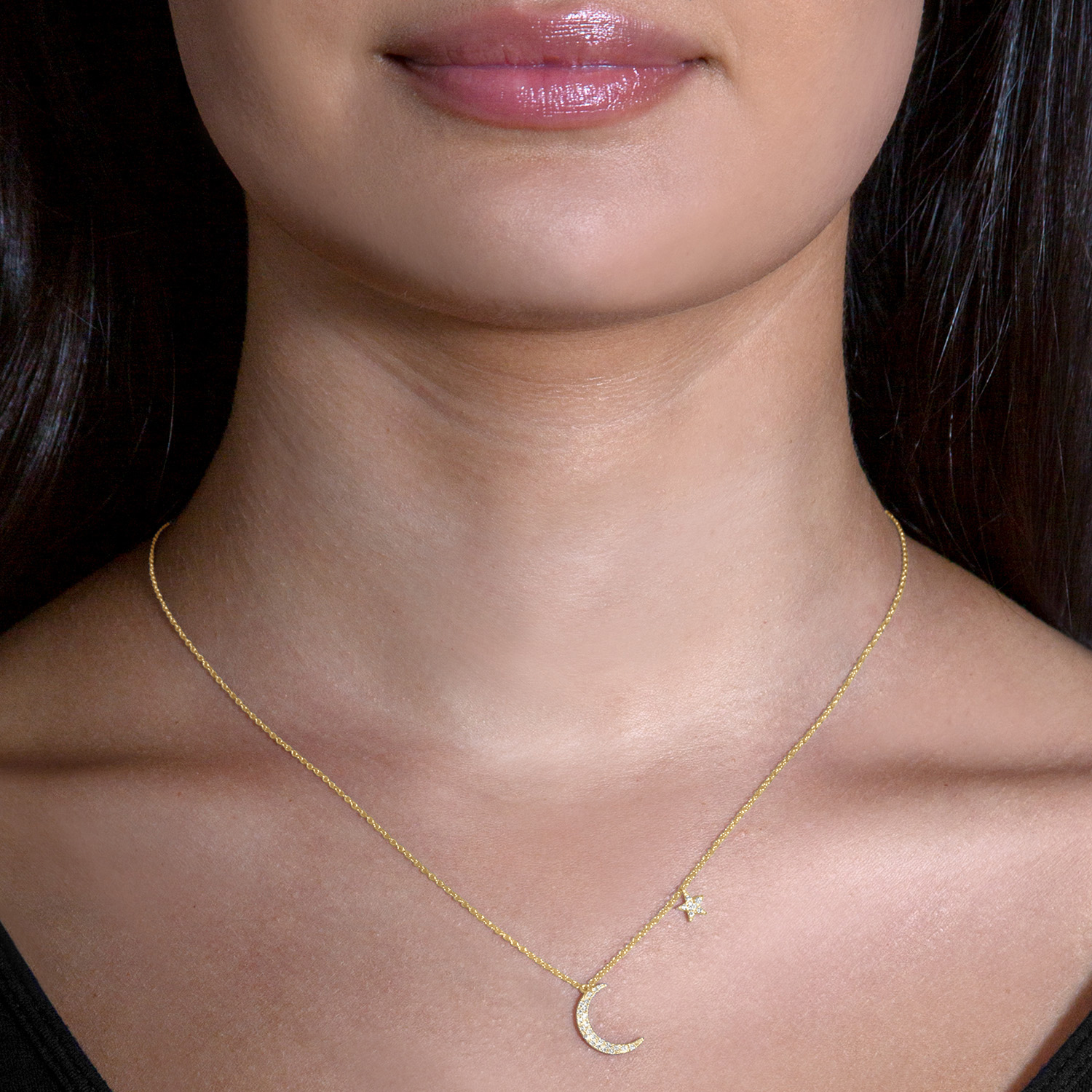 Diamond Moon and Single Star Pendant Necklace 14k Yellow Gold (0.10ct)