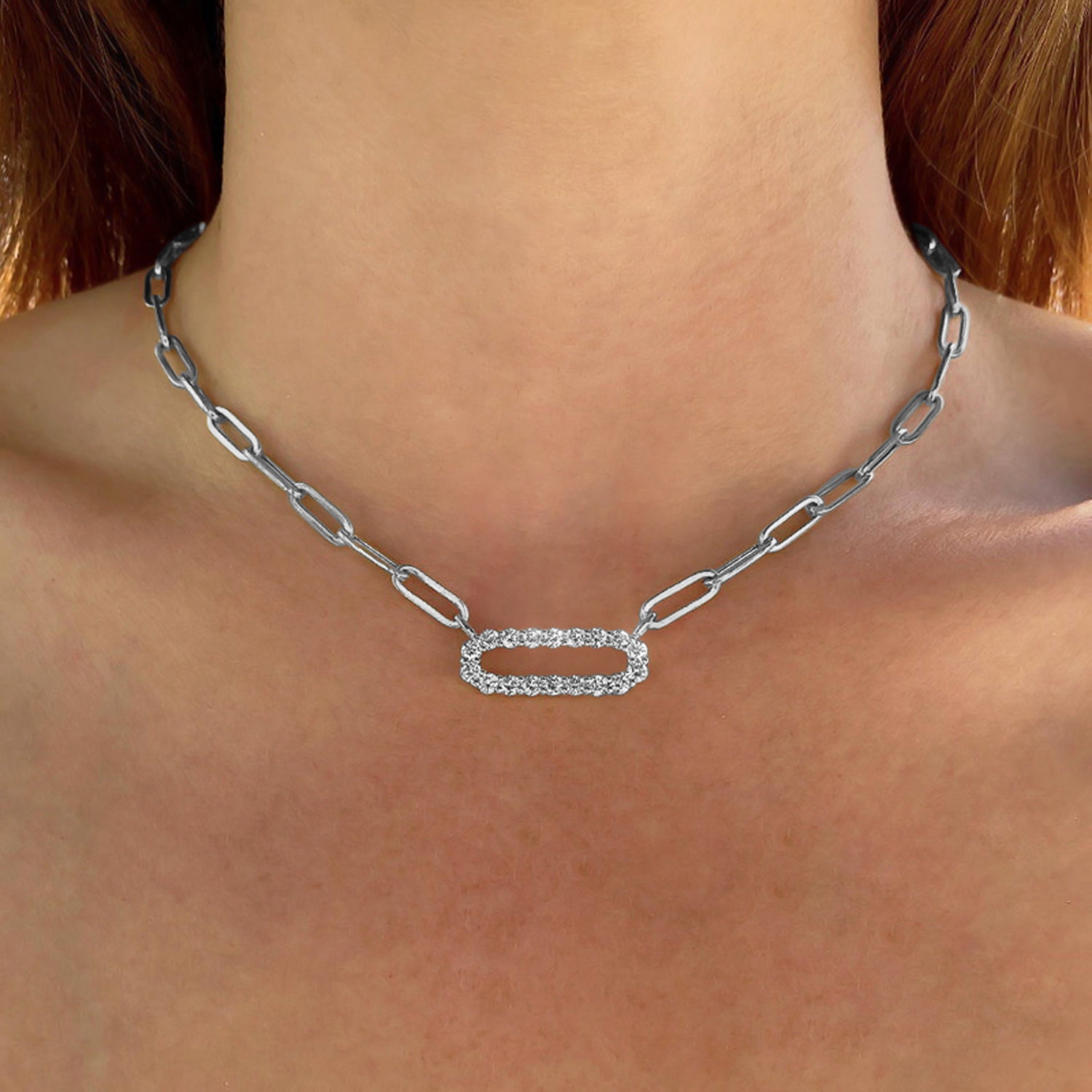 Diamond Paper Clip Link Necklace 14k White Gold (1.77ct)