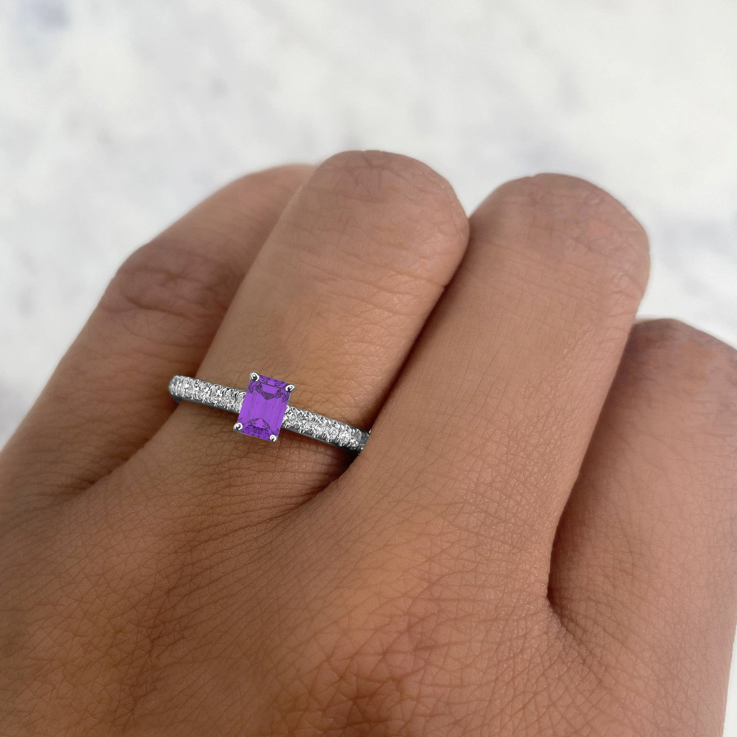 Emerald-Cut Amethyst & Diamond Engagement Ring 14K White Gold (0.74ct)