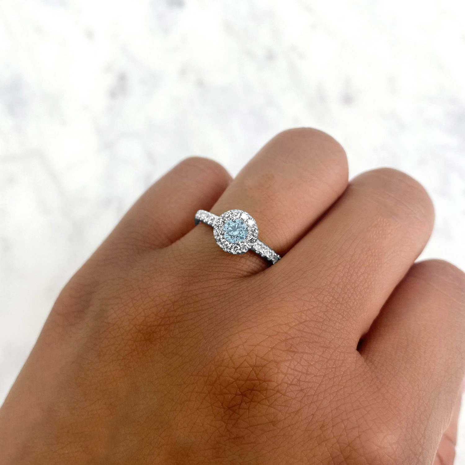 Round Aquamarine Solitaire & Diamond Engagement Ring 14K White Gold (0.56ct)
