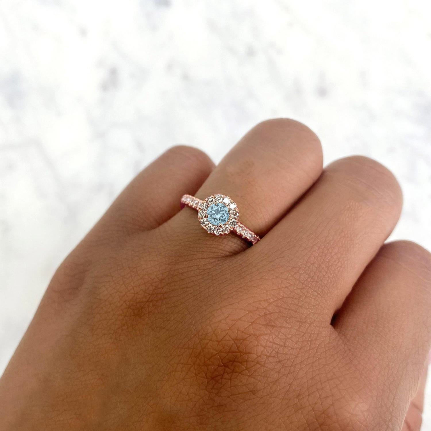 Round Aquamarine Solitaire & Diamond Engagement Ring 14K Rose Gold (0.56ct)