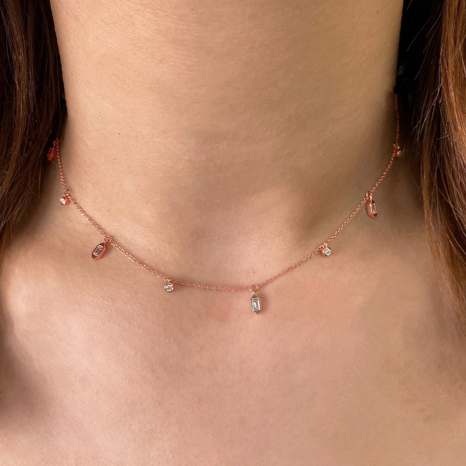 Diamond Baguette Bezel Dangle Pendant Necklace 14K Rose Gold (0.38ct)