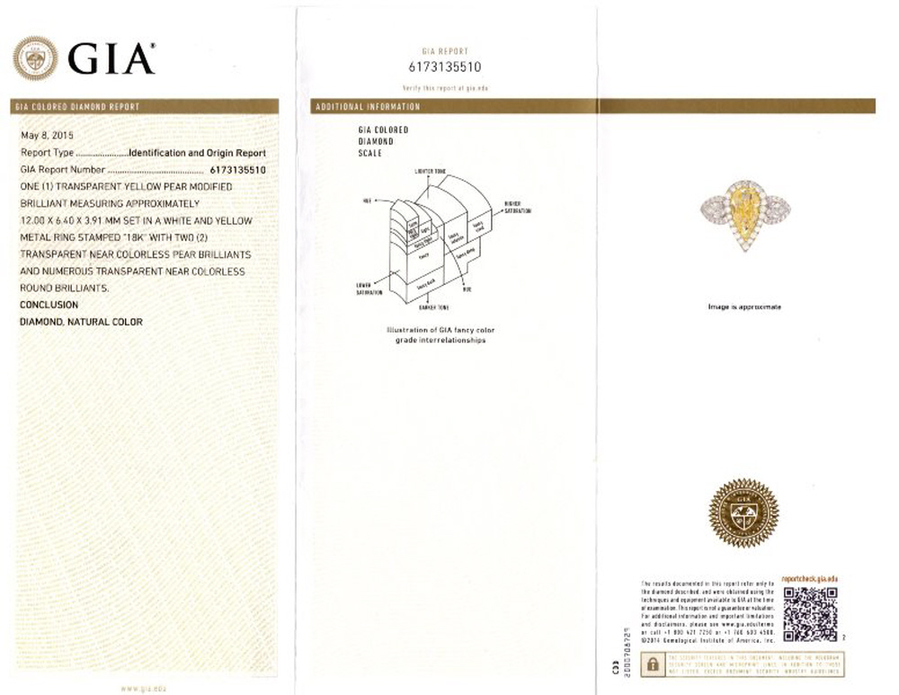 2.24ct Pear Shape Center and 1.60ct Side 18k Two-tone Gold GIA Certified Natural Yellow Diamond Ring