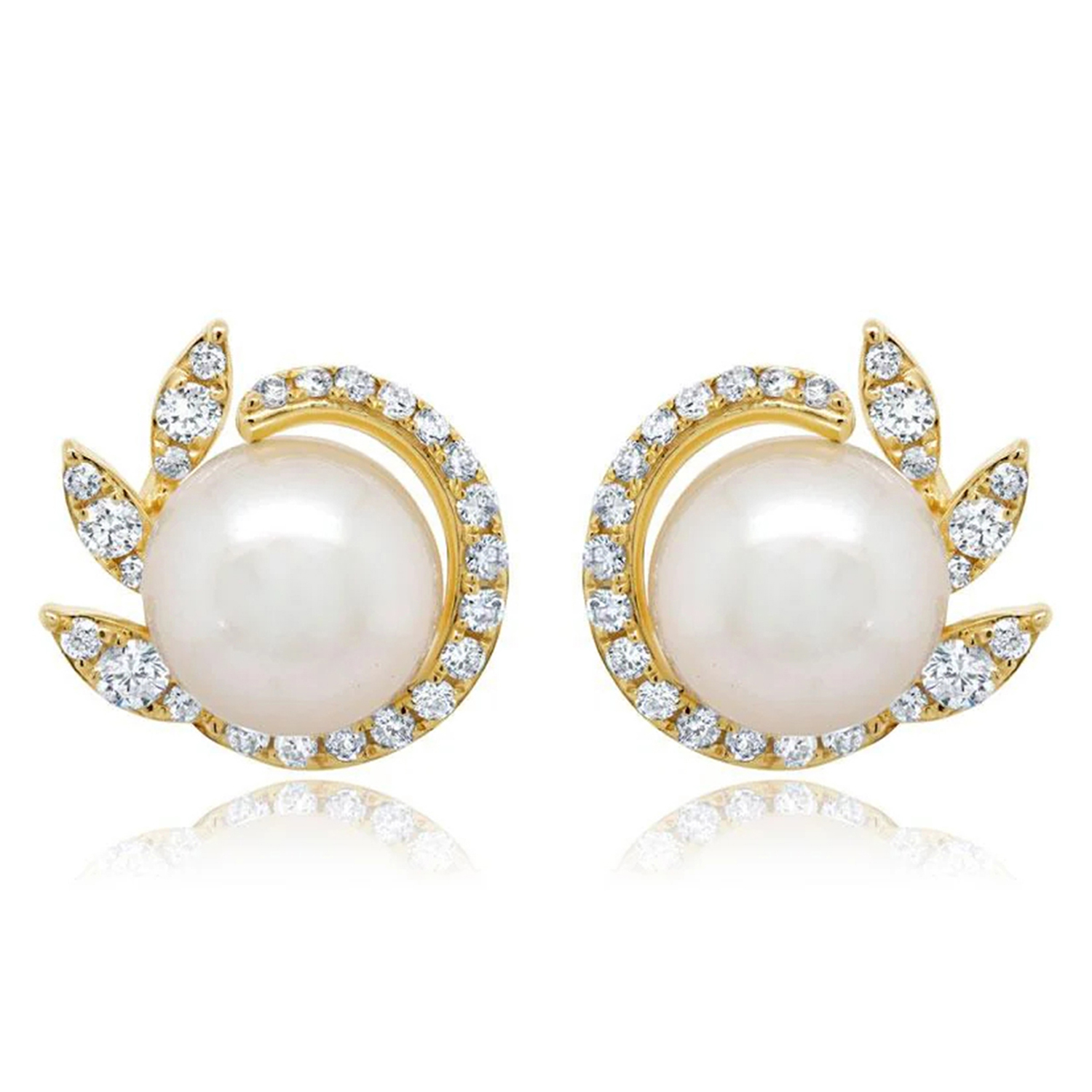 Diamond & Cultured Pearl Stud Earrings 14K Yellow Gold (0.42ct)