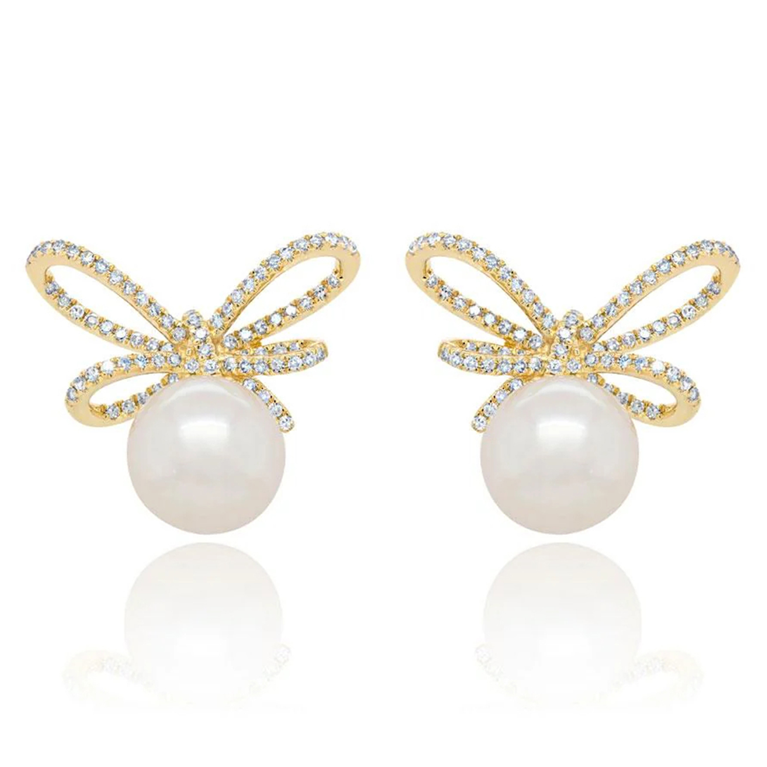 Diamond & Cultured Pearl Bow Stud Earrings 14K Yellow Gold (0.47ct)