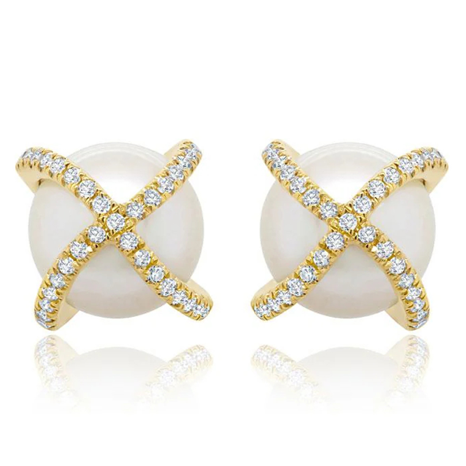 Diamond & Cultured Pearl Crisscross Stud Earrings 14K Yellow Gold (0.21ct)