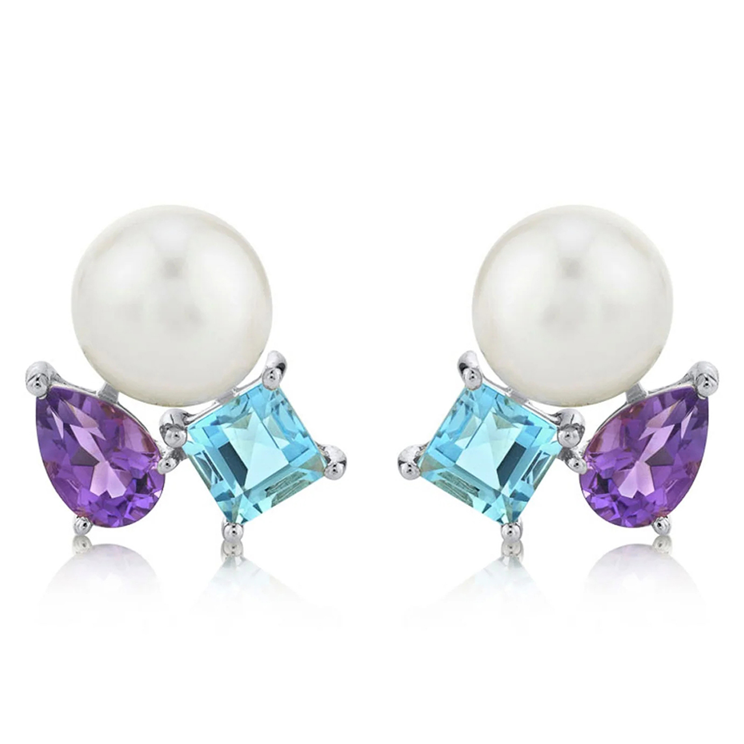 Cultured Pearl & Amethyst Blue Topaz Stud Earrings 14K White Gold (1.57ct)