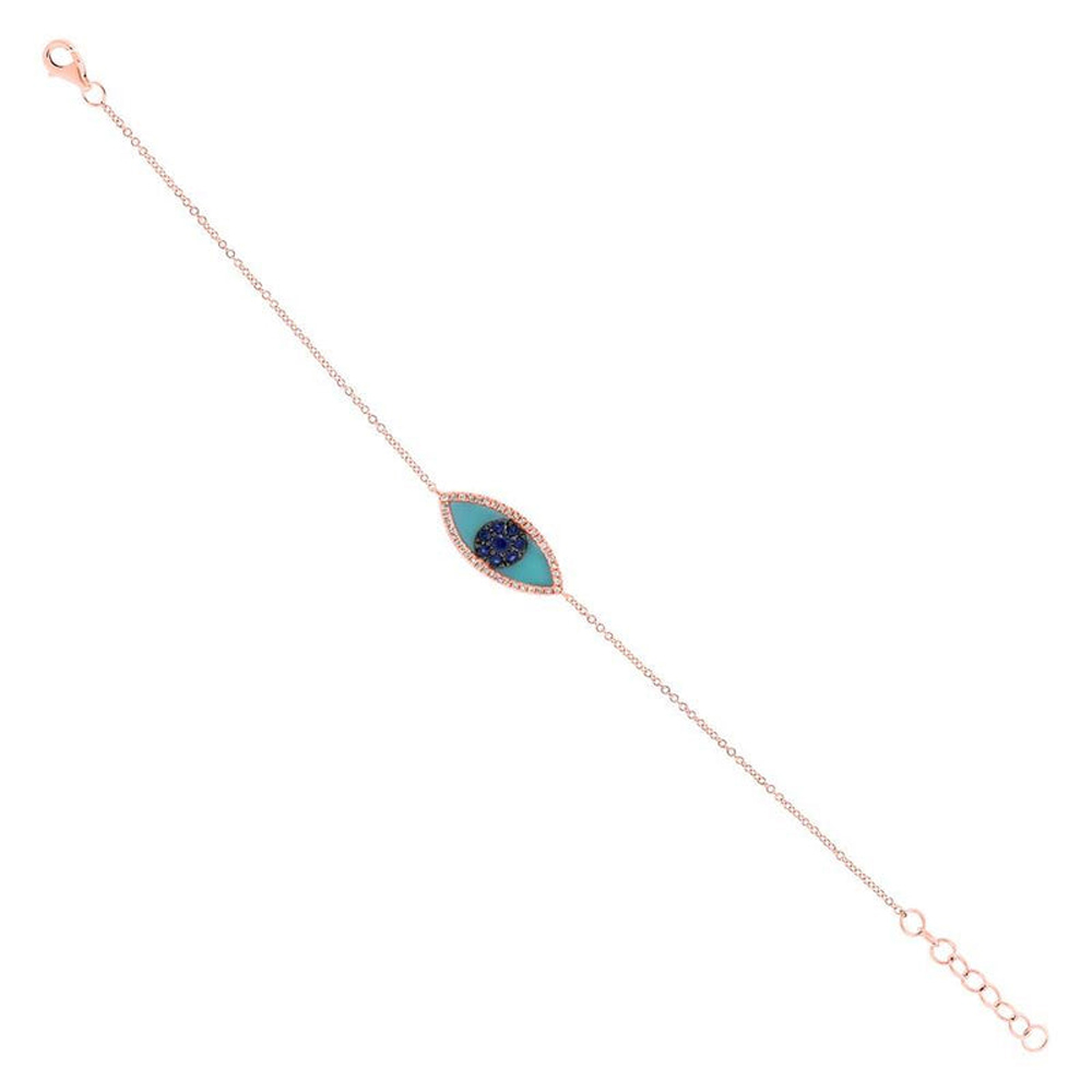Turquoise & Diamond & Blue Sapphire Evil Eye Bracelet 14k Rose Gold (0.26ct)