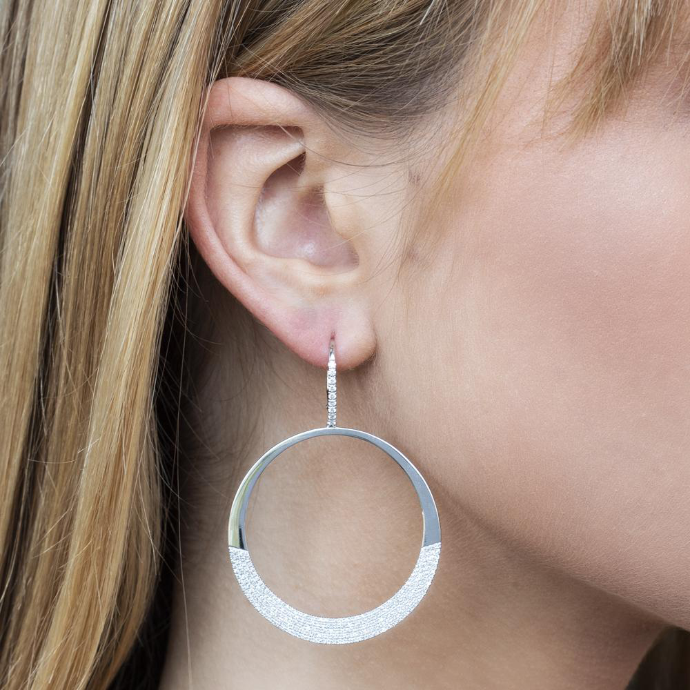 Diamond Pave Circle Huggie Drop Earrings 14k White Gold (1.37ct)