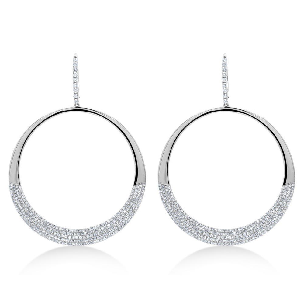 Diamond Pave Circle Huggie Drop Earrings 14k White Gold (1.37ct)