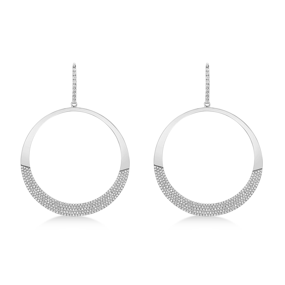 Diamond Pave Circle Huggie Drop Earrings 14k White Gold (1.37ct)