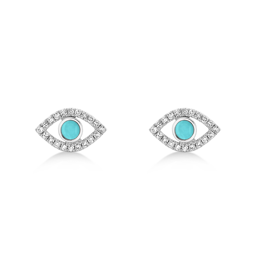 Turquoise & Diamond Evil Eye Stud Earrings 14k White Gold (0.26ct)