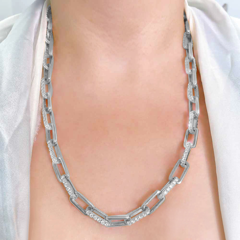 Diamond Pave Paper Clip Link Necklace 14k White Gold (13.01ct)
