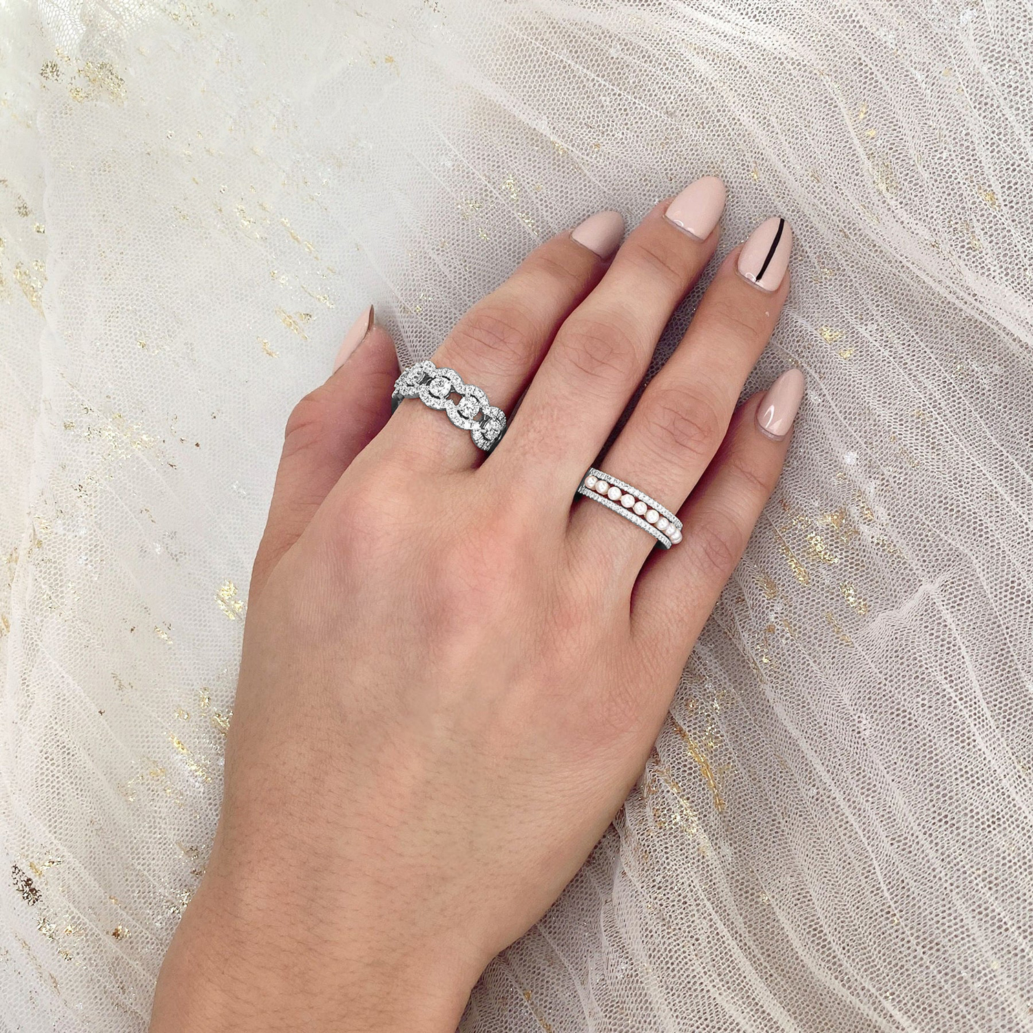 Diamond & Cultured Pearl Band Ring 14K White Gold (0.14ct)