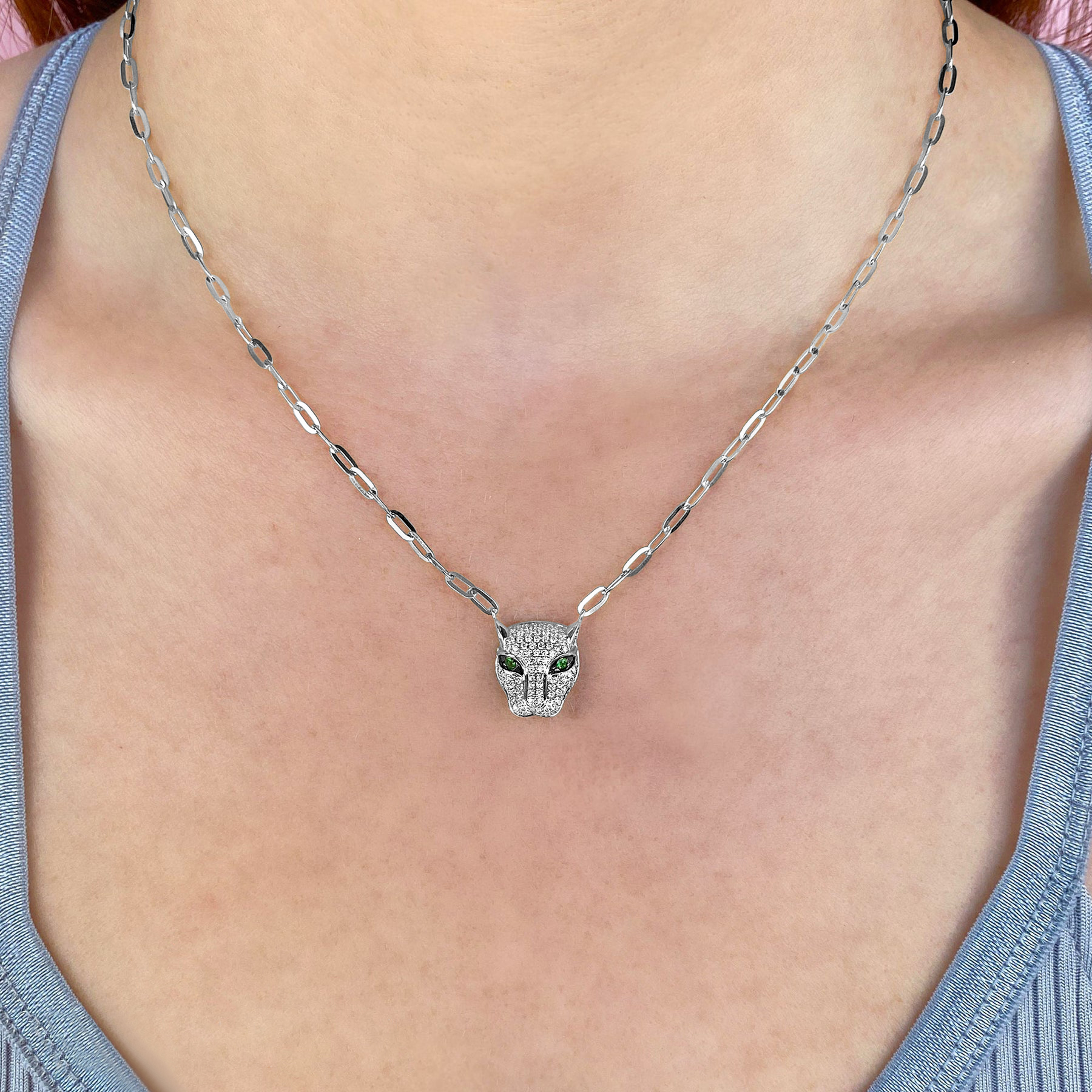 Diamond & Green Garnet Panther Paper Clip Pendant Necklace 14K White Gold (0.56ct)