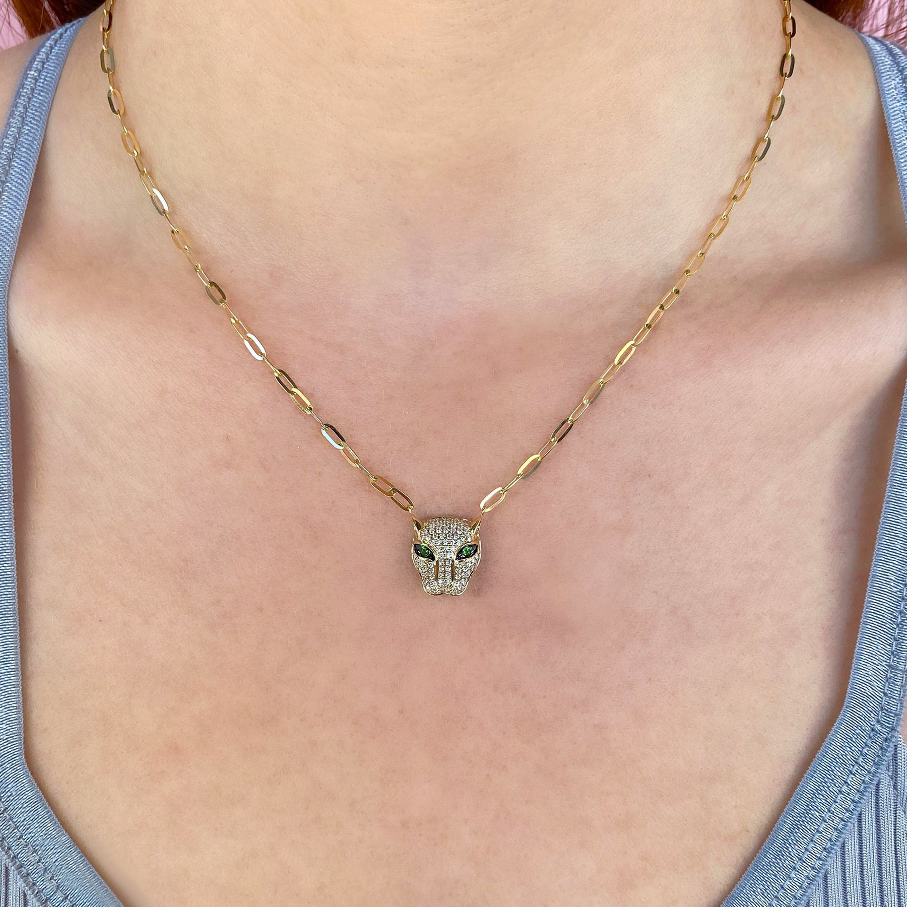 Diamond & Green Garnet Panther Paper Clip Pendant Necklace 14K Yellow Gold (0.56ct)