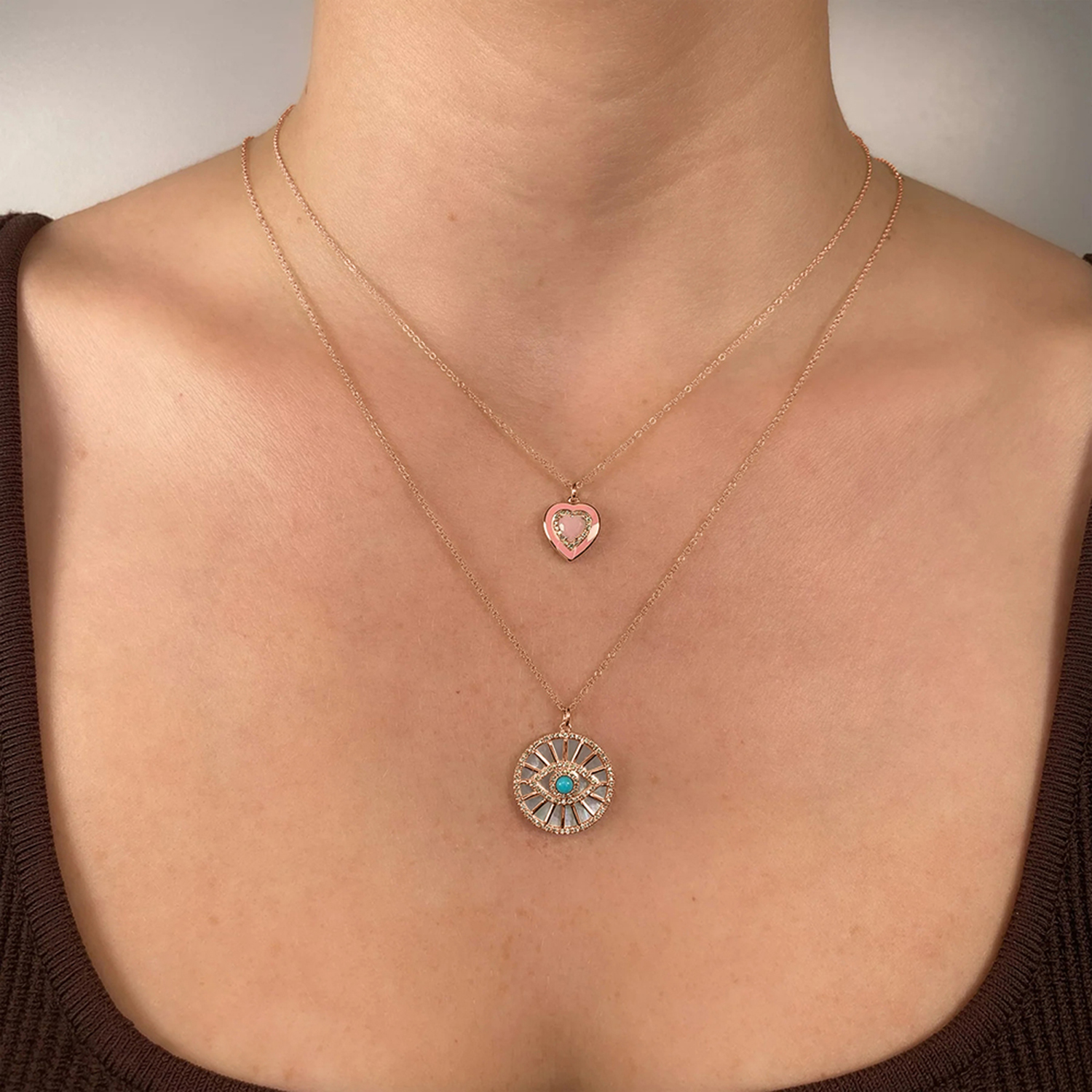 Diamond, Turquoise & Mother Of Pearl Evil Eye Pendant Necklace 14K Rose Gold (3.25ct)