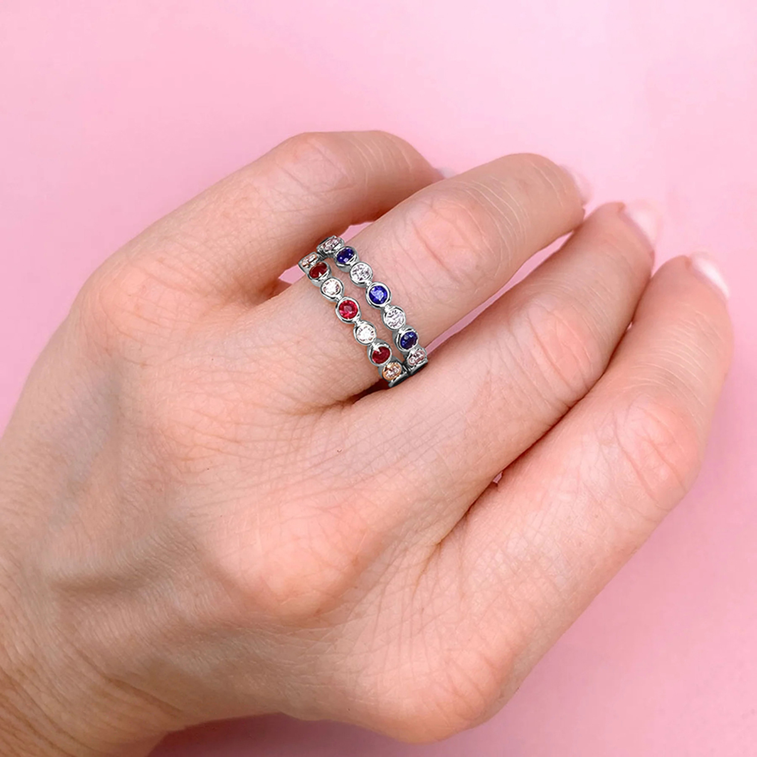 Lab Grown Blue Sapphire & Diamond Bezel Ring Band 14K White Gold (.46ct)